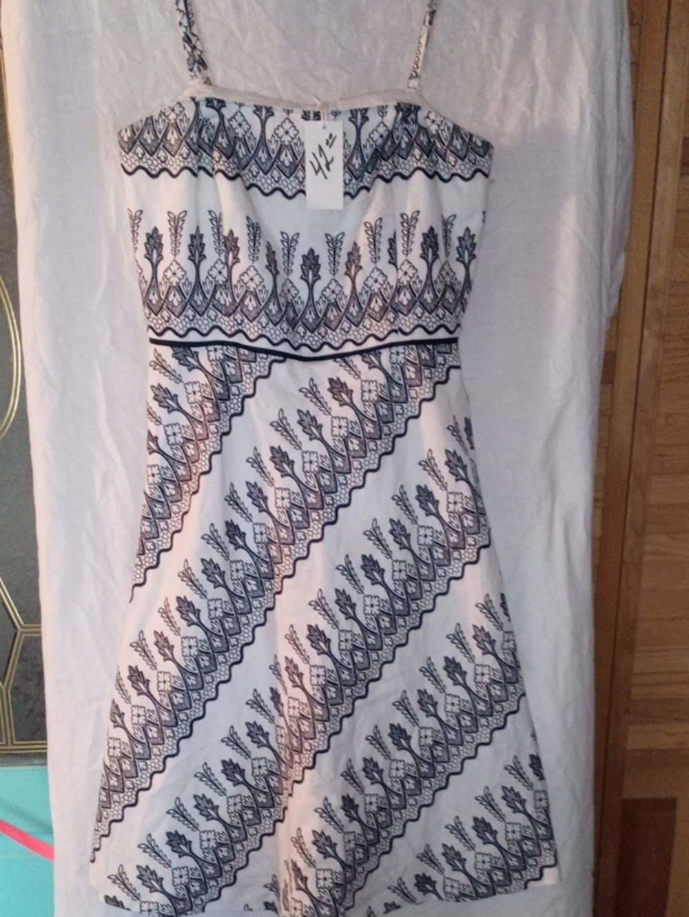 LOFT White Dress with Navy Printed Pattern
